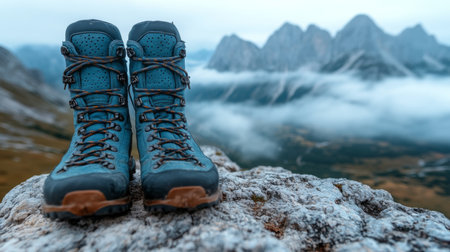 Hiking boots resting on a rocky ledge with majestic mountains shrouded in mist during early morning light. Generative AIの素材