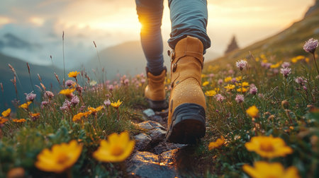 A hiker walks along a floral trail during sunset capturing the beauty of nature in a mountainous landscape. Generative AIの素材