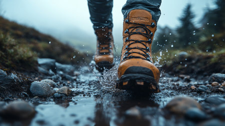 Hiking through a misty landscape with waterproof boots splashing in a muddy trail during a gloomy afternoon. Generative AIの素材