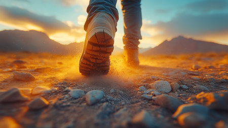 A hiker walks on a dusty trail at sunset in a mountainous landscape, capturing the beauty of nature and adventure. Generative AIの素材