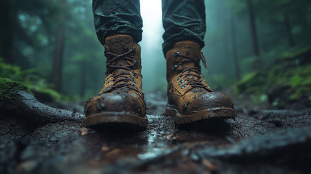 Muddy hiking boots standing on a forest trail surrounded by lush trees in misty conditions early in the morning. Generative AIの素材