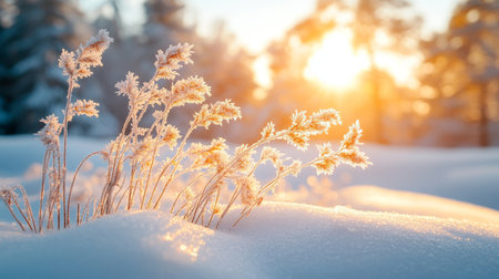 Frost-covered grass glimmers in the soft morning light of a snowy landscape at dawn. Generative AIの素材