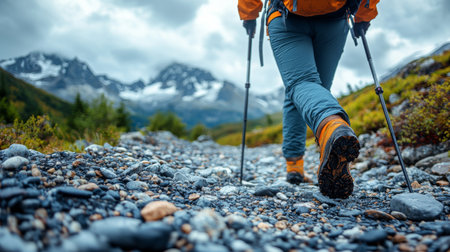 Hiker traversing a rocky trail in the mountains under a cloudy sky during a summer adventure. Generative AIの素材
