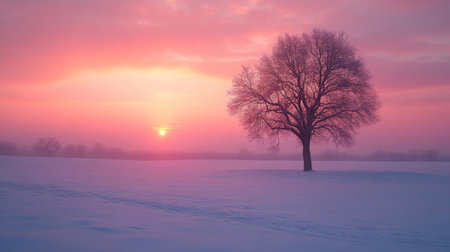 A lone tree stands in a snowy field at sunset, surrounded by a beautifully colored sky in winters serene landscape. Generative AIの素材