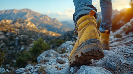 Hiker navigating rocky terrain in yellow boots during sunset in mountainous landscape. Generative AIの素材