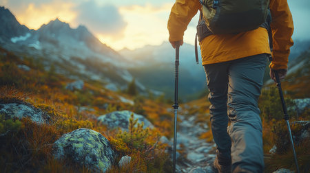 Hiker navigating rocky terrain at sunrise in a mountainous landscape. Generative AIの素材