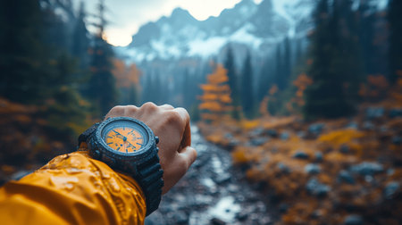 A hiker checking their watch against a stunning mountain backdrop during a chilly autumn afternoon in a forest. Generative AIの素材