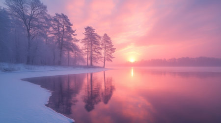 Enchanting winter sunset reflecting on a serene lake surrounded by trees in a tranquil landscape. Generative AIの素材