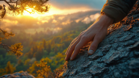A hand gently reaches out to touch a rocky surface against a vibrant sunset backdrop in a serene natural landscape. Generative AIの素材