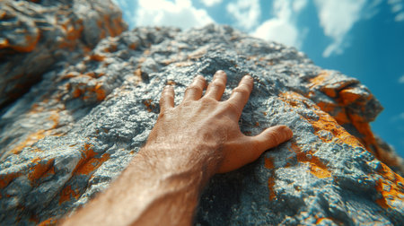 Climber reaches out to grip textured rock surface under bright blue skies during a challenging ascent in a natural outdoor environment. Generative AIの素材