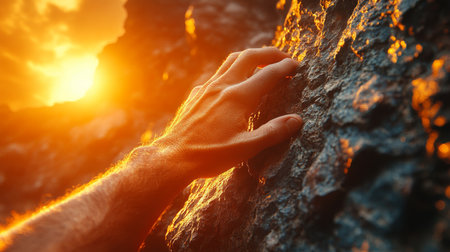 A climbers hand gripping a rocky surface during a stunning sunset in a mountainous landscape. Generative AIの素材