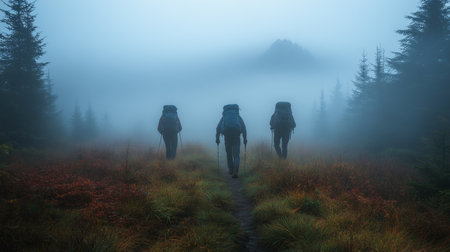 Hikers trek through foggy forested trail amid tall trees in early morning light, surrounded by vibrant foliage and mist. Generative AIの素材