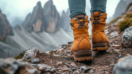 Hiker walking on rocky trail in the Dolomites with rugged yellow boots on a misty morning. Generative AIの素材