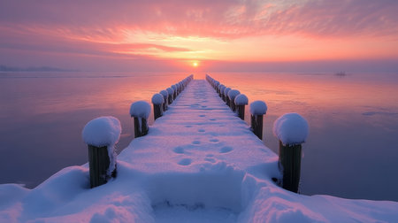 A serene winter sunrise over a snowy wooden pier extending into calm waters. Generative AIの素材