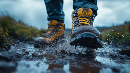 Exploring muddy trails in hiking boots on a cloudy day in a scenic outdoor landscape. Generative AIの素材