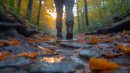 Walking along a scenic trail covered in autumn leaves during sunset in a peaceful forest setting. Generative AIの素材