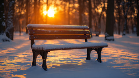 Snow-covered bench in a serene park at sunset, surrounded by trees and a blanket of snow during winter. Generative AIの素材