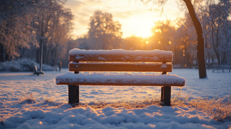 A snow-covered park bench at sunrise surrounded by frosty trees and shimmering snow, capturing a serene winter morning moment. Generative AIの素材