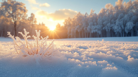 Frosty winter morning with sunrise illuminating a snow-covered landscape and glistening frost on delicate vegetation. Generative AIの素材