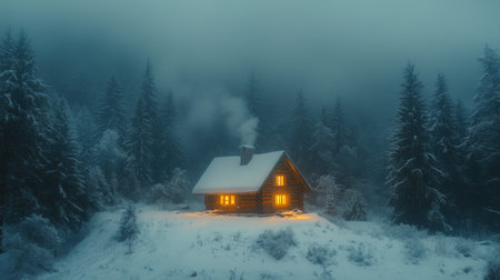 Cozy cabin illuminated by warm light in a snowy forest during a misty winter evening. Generative AIの素材