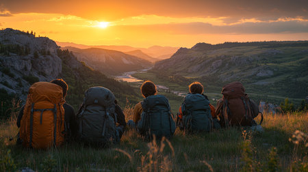Group of hikers enjoying a sunset view over a mountainous landscape during their outdoor adventure in a serene valley. Generative AIの素材