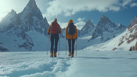 Two hikers exploring a snowy glacier in the mountains during a sunny winter day with stunning peaks in the background. Generative AIの素材