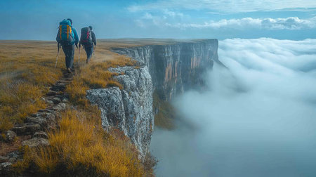 Hikers traverse a breathtaking cliff edge in a cloud-covered landscape during early morning in a remote wilderness area. Generative AIの素材