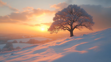 A solitary tree stands on a snow-covered hill as the sun sets behind distant mountains, creating a serene winter landscape at dusk. Generative AIの素材