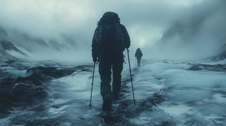 Two hikers navigating a misty mountain path during a chilly morning trek in a remote wilderness area. Generative AIの素材