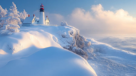 Lighthouse standing tall on a snowy cliff by the ocean at dawn, with a vibrant sky and frosty landscape creating a serene atmosphere. Generative AIの素材