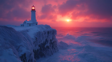 A dramatic sunset behind a lighthouse shining bright during a winter storm by the ocean waves crashing against rocks. Generative AIの素材