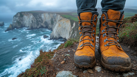Exploring coastal cliffs in rugged hiking boots during a dramatic cloudy day near the ocean. Generative AIの素材