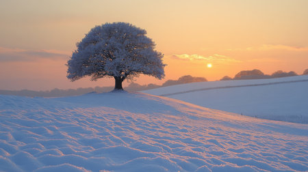 A solitary tree stand in a snowy landscape as the sun rises over the horizon during a chilly winter morning. Generative AIの素材
