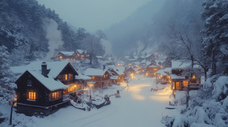 Serene winter village illuminated at dusk with snow-covered rooftops and warm glowing lights in a tranquil mountain landscape. Generative AIの素材