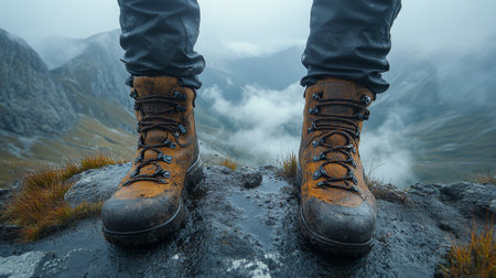 Hiker stands on rocky terrain in rugged boots, mountains shrouded in mist, capturing the spirit of adventure in nature. Generative AIの素材