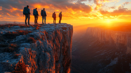 Group of hikers watching a vibrant sunset over a dramatic canyon landscape in the evening hours. Generative AIの素材