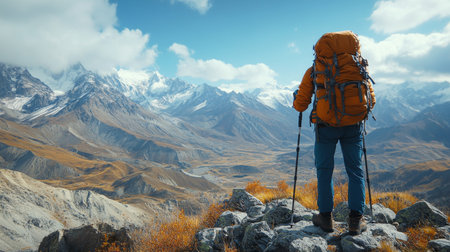 A hiker gazes at majestic snow-capped mountains while standing atop rocks in a breathtaking valley under the clear blue sky. Generative AIの素材