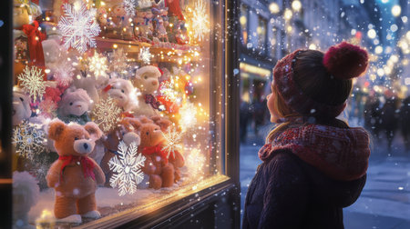 A child gazes in wonder at a festive toy store window during a snowy holiday eveningの素材