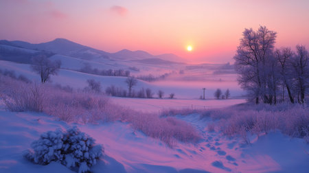 A serene winter sunrise casts a soft glow over a snow-covered landscape in a quiet valley. Generative AIの素材