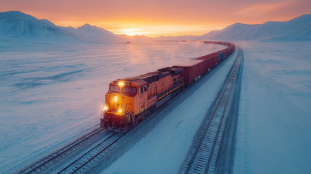 A freight train travels through a snowy landscape at sunset in a remote area, creating a spectacular winter vista. Generative AIの素材