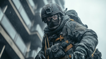 Soldier in tactical gear navigating urban terrain during a rainy day with buildings in the background. Generative AIの素材