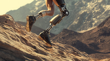 A person with advanced prosthetic legs runs rapidly across rocky terrain during sunsetの素材