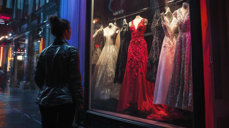 A woman admires elegant evening gowns displayed in a boutique window on a rainy nightの素材