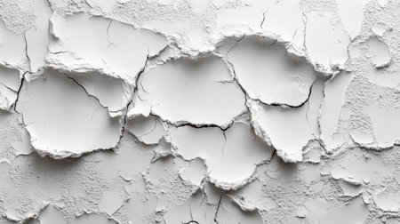 Cracked white wall showing peeling paint in an old building during daylight, highlighting wear and neglect over time. Generative AIの素材