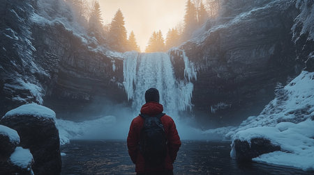 Majestic frozen waterfall at sunrise with a person admiring the beauty of nature in a snowy landscape. Generative AIの素材