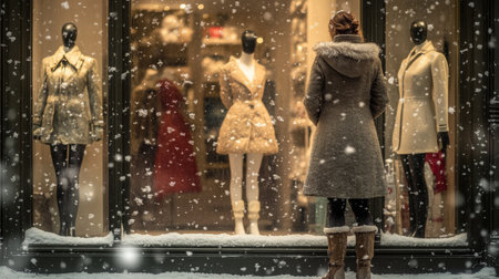 Snowy day shopping experience at a boutique with winter fashion displaysの素材