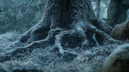 Frost-covered tree roots in a mystical forest at dawn, surrounded by a serene mistの素材