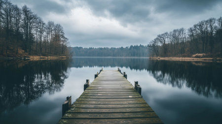 A tranquil wooden pier extends into a serene lake surrounded by trees on a cloudy dayの素材