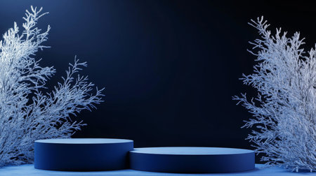 A winter-themed display featuring circular platforms and frosty plants in darkened settingの素材