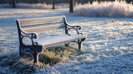Frost-covered bench in a serene park at dawn, surrounded by glistening grassの素材